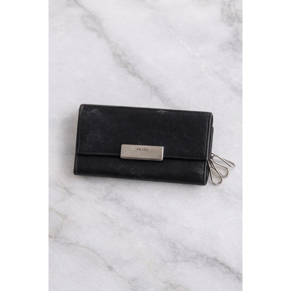 Prada Nero‎ Black Tessuto Nylon 6 Key Holder Women OS Good Logo Plaque